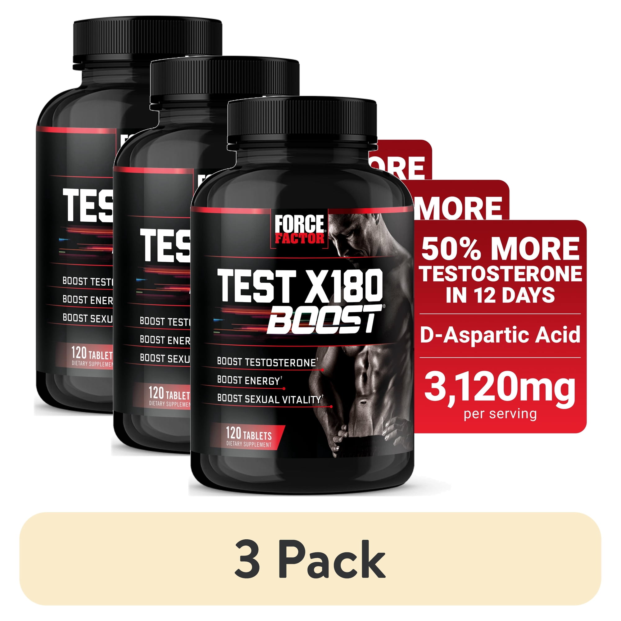 (3 pack) Force Factor Test X180 Boost, Testosterone Booster for Men with Boron, Fenugreek & Tribulus Terrestris for Muscle, Libido & Men’s Health, 120 Tablets