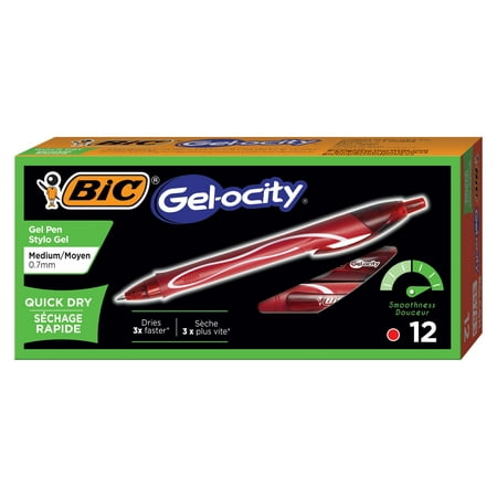 BIC Gelocity Quick Dry Retractable Gel Pen, Medium Point (0.7mm), Red, 12 (Best Dry Herb Pen)