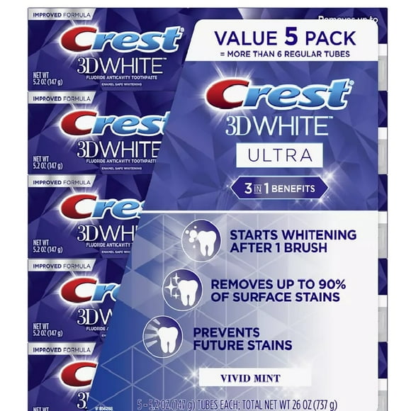 Crest 3D Blanc Ultra Dentifrice Blanchissant, Menthe Vive, 5 Pk./5,2 oz.