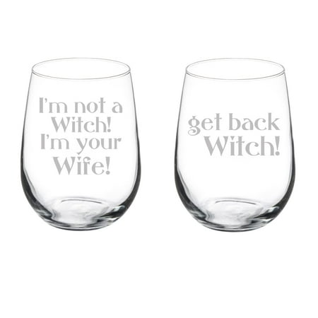 

Set of 2 Wine Glass Goblet Gift I m Not A Witch I m Your Wife For Couple Bride and Groom Wedding Princess Engagement Anniversary (17 oz Stemless)