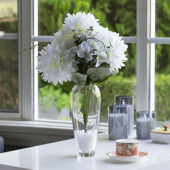 Enova Home Large Artificial Silk Dahlia Flower Arrangement in Clear Oval Glass Vase with Plastic Pearl (Cream)