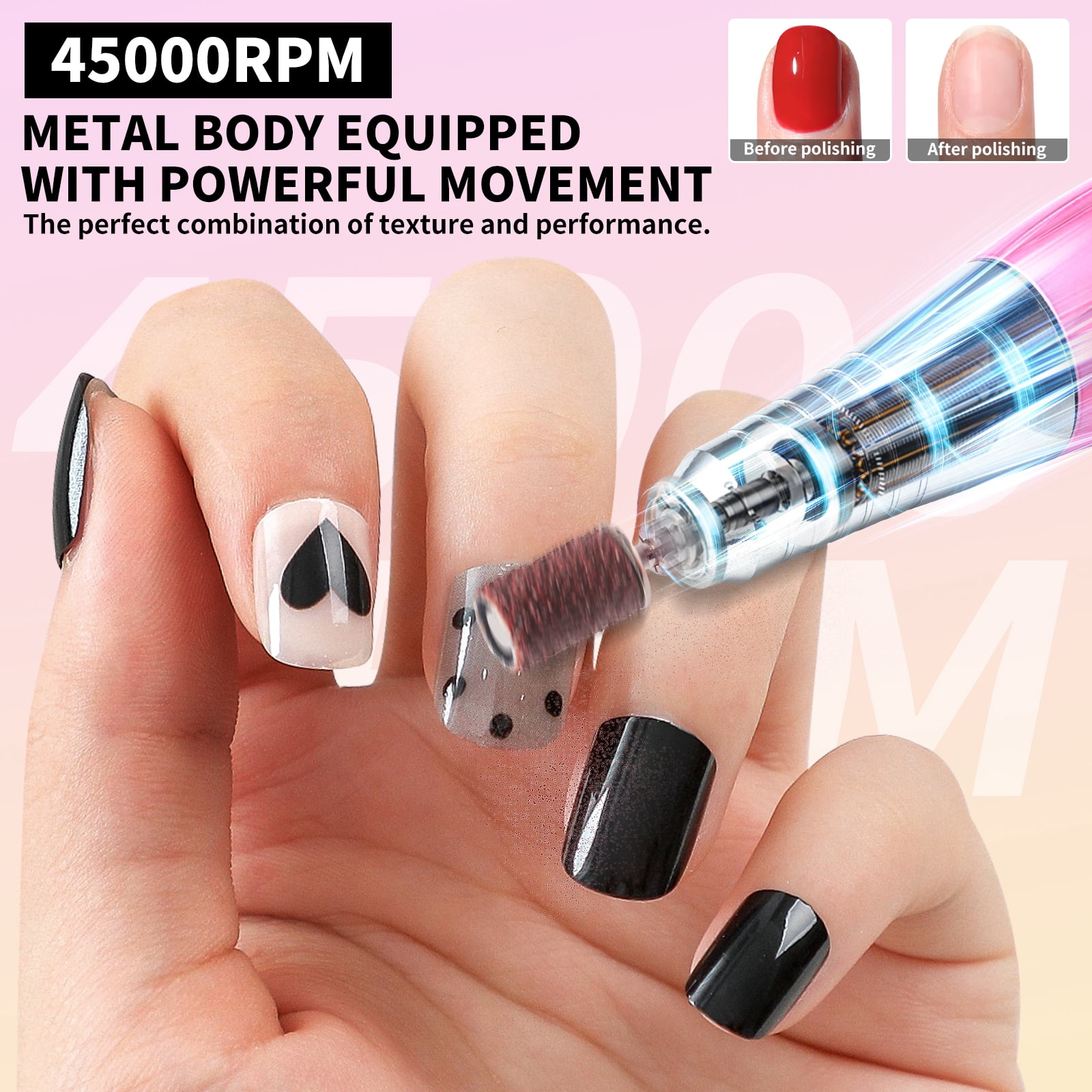 Nail Drill Professional, 45000RPM Electric Nail File for Acrylic & Gel Removal, 2-in-1 Desktop & Portable, LCD Display, Rechargeable, Quiet