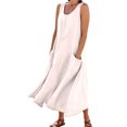 thumbnail image 1 of Vestido largo sin mangas de lino para mujer: vestido informal con cuello redondo y bolsillos, poliéster/spandex, tallas S-XXL., 1 of 6