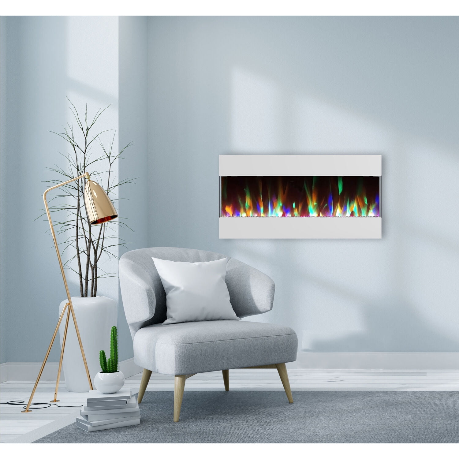 Cambridge 42 In. Recessed Electric Wall Mounted Fireplace Heater with Multi-color Flame Crystal Rock Display, Adjustable Heat, Remote - CAM42RECWMEF-1WHT