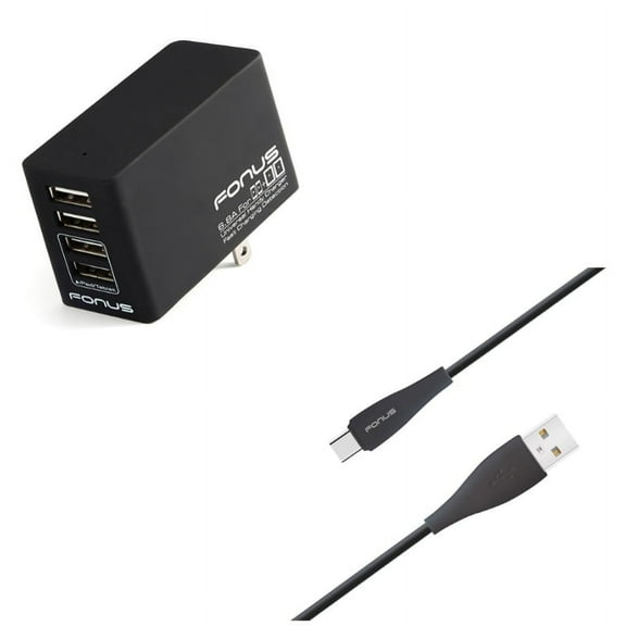 4-Port USB 34W Home Charger w Power Cord Type-C 10ft USB Cable K7D for Alcatel 3V (2019) - ASUS ROG Phone 2 - BLU G9 Pro - BOLD N1 - Coolpad Legacy S - Google Pixel 4 XL - LG G8X ThinQ