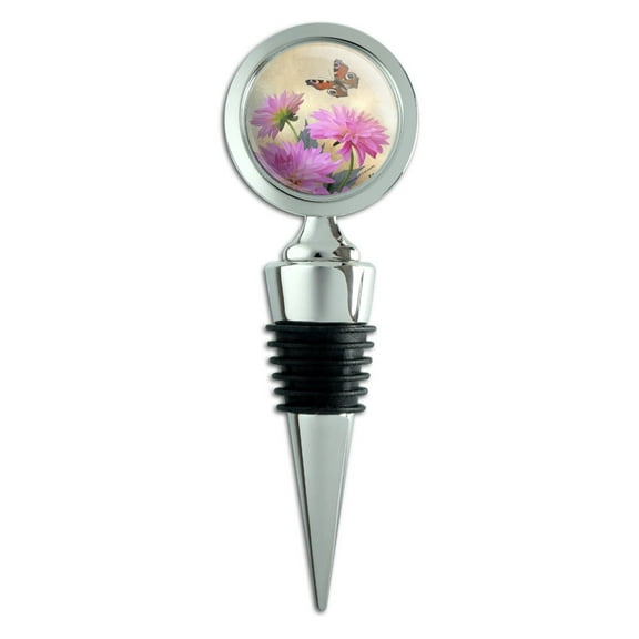 Pink Dahlia Flowers and Butterfly Wine Bottle Stopper