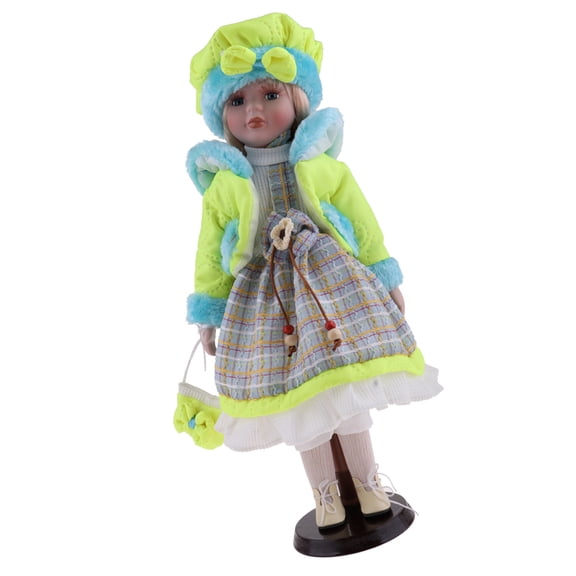 Lovely Girls Porcein Doll With Wood Stand Green Coat 40cm Sunnimix Muñecas de porcelana coleccionables