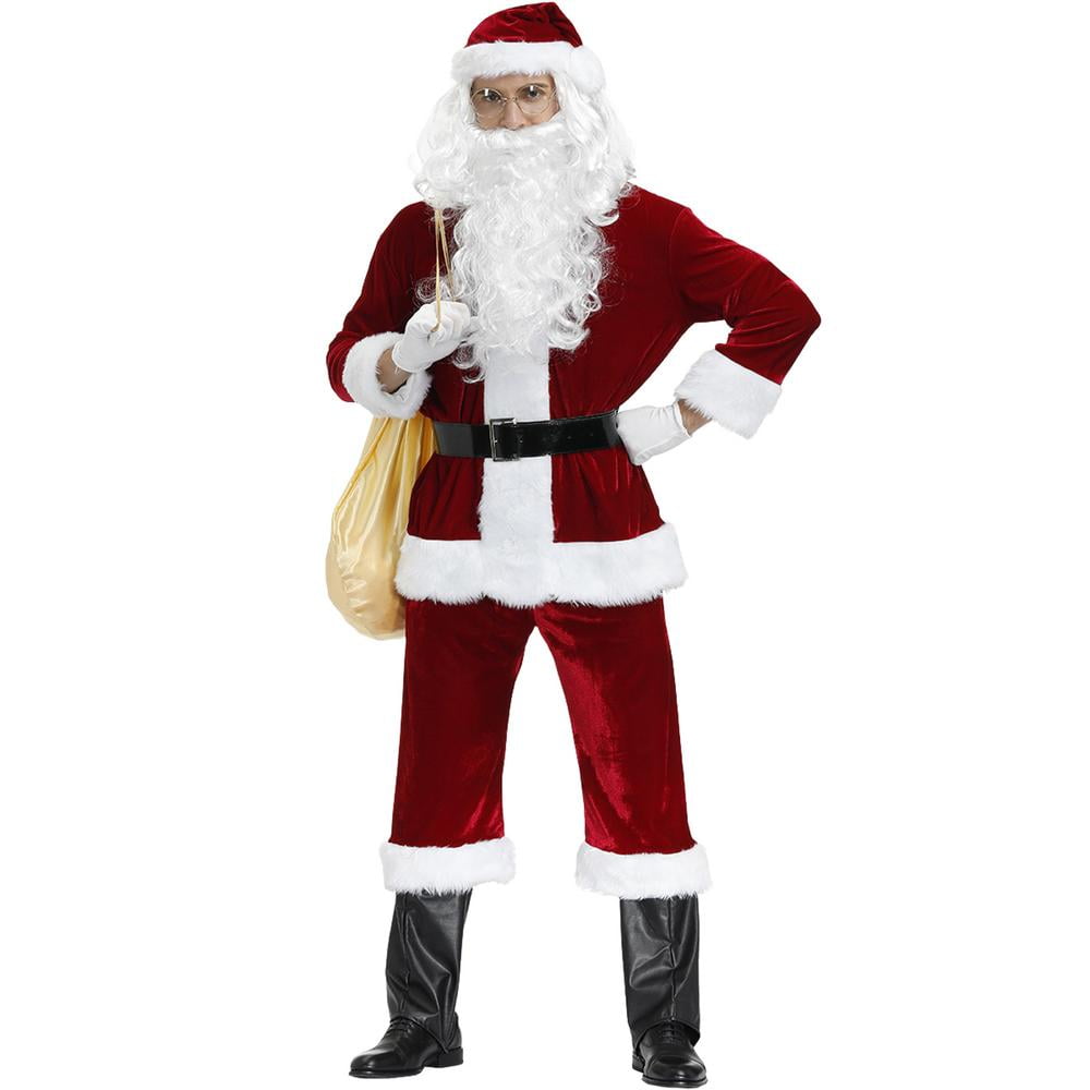 Adult Green Beard Santa Hat with Furry Gloves Halloween Costume Christmas Cosplay Accessories 