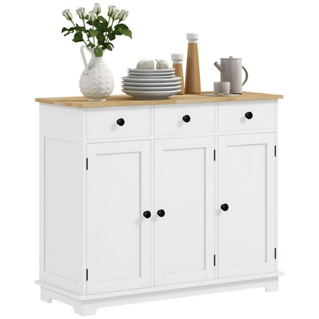 HOMCOM Sideboard with Solid Wood Countertop Modern Kitchen Storage Cabinet Coffee Bar Cabinet with 3 Drawers Doors and Adjustable Shelf Distressed White