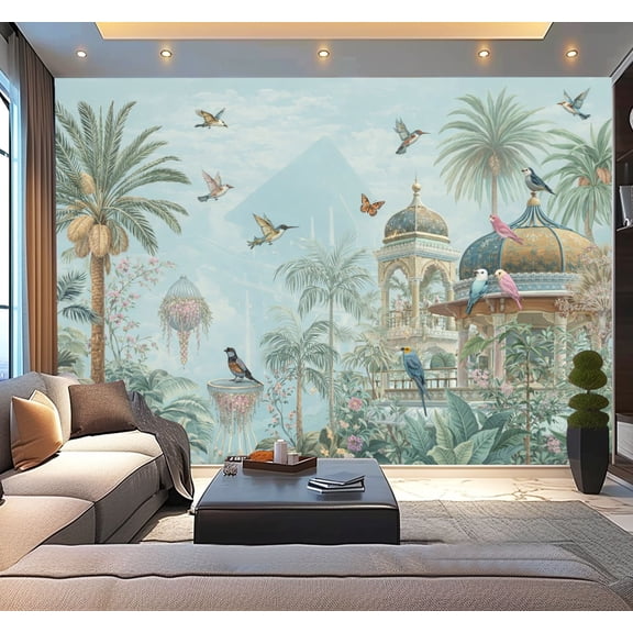 Peel and Stick Wallpaper Traditional Mughal forest garden Mughal Plant arch bird Modern Art Wall Mural Decor Self Adhesive and Removable 100in x 144in