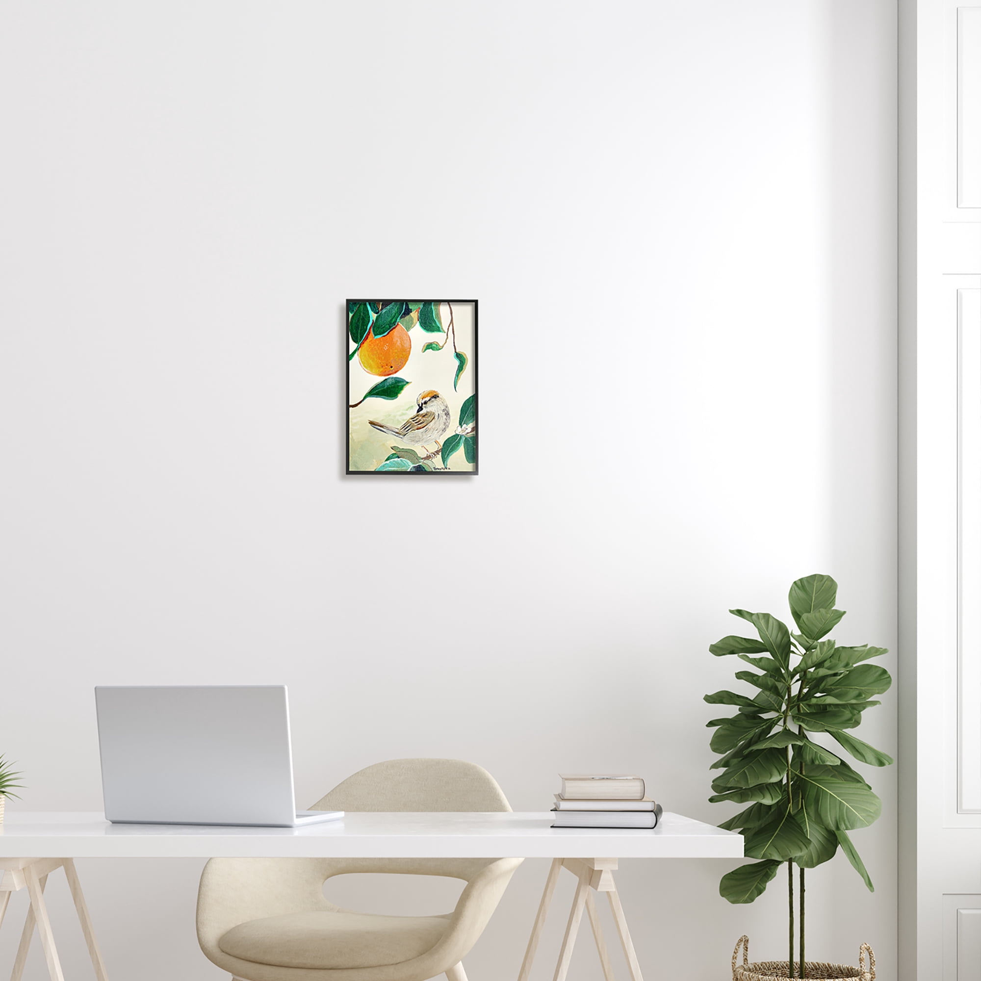 Stupell Industries Bird Perched Orange Fruit Tree Branch Leaves Painting Black Framed Art Print Wall Art, Design by Robin Maria