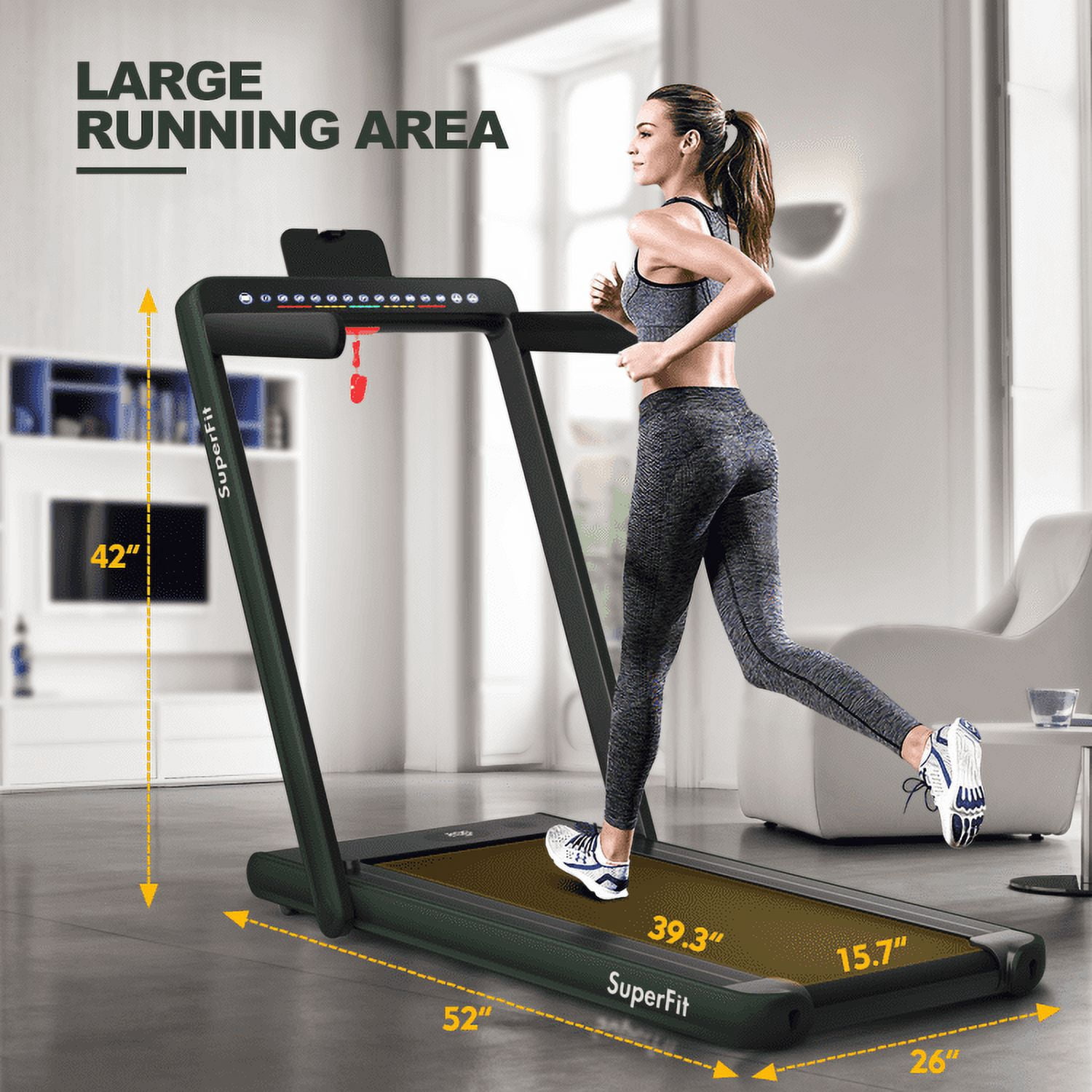 Spaco 2-in-1 Electric Motorized Health and Fitness Folding Treadmill with Dual Display and Speaker-Green, Home Fitness Equipment for Walking & Running
