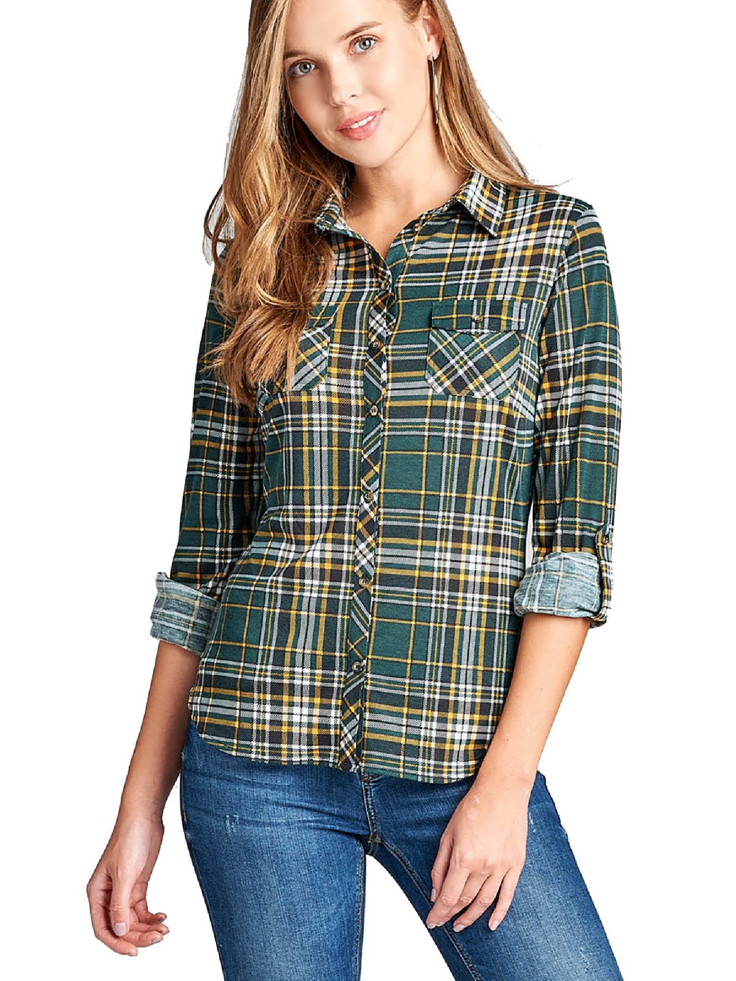 Made By Olivia Made By Olivia Women s Checkered Plaid Roll Up Sleeve 