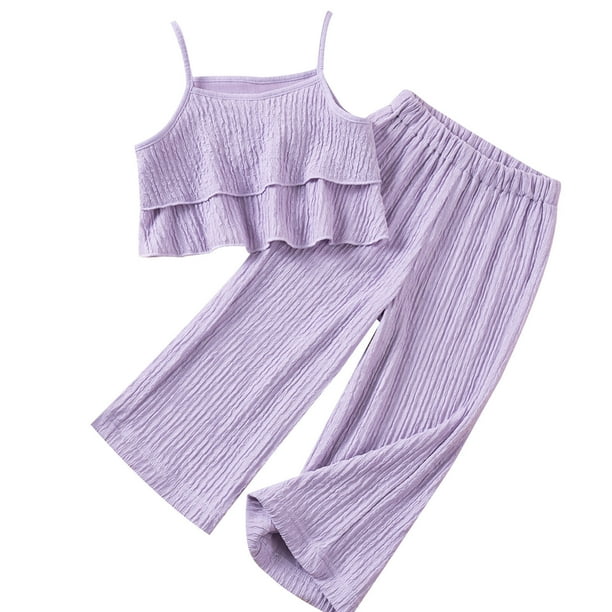 Odeerbi 1-13 Años Conjunto de Verano Para Niñas Camisola Con Volantes de Algodón Pantalones de Pata Ancha Conjunto de Dos Piezas Camiseta de Rayas Onduladas Pantalones Sueltos Conjunto
