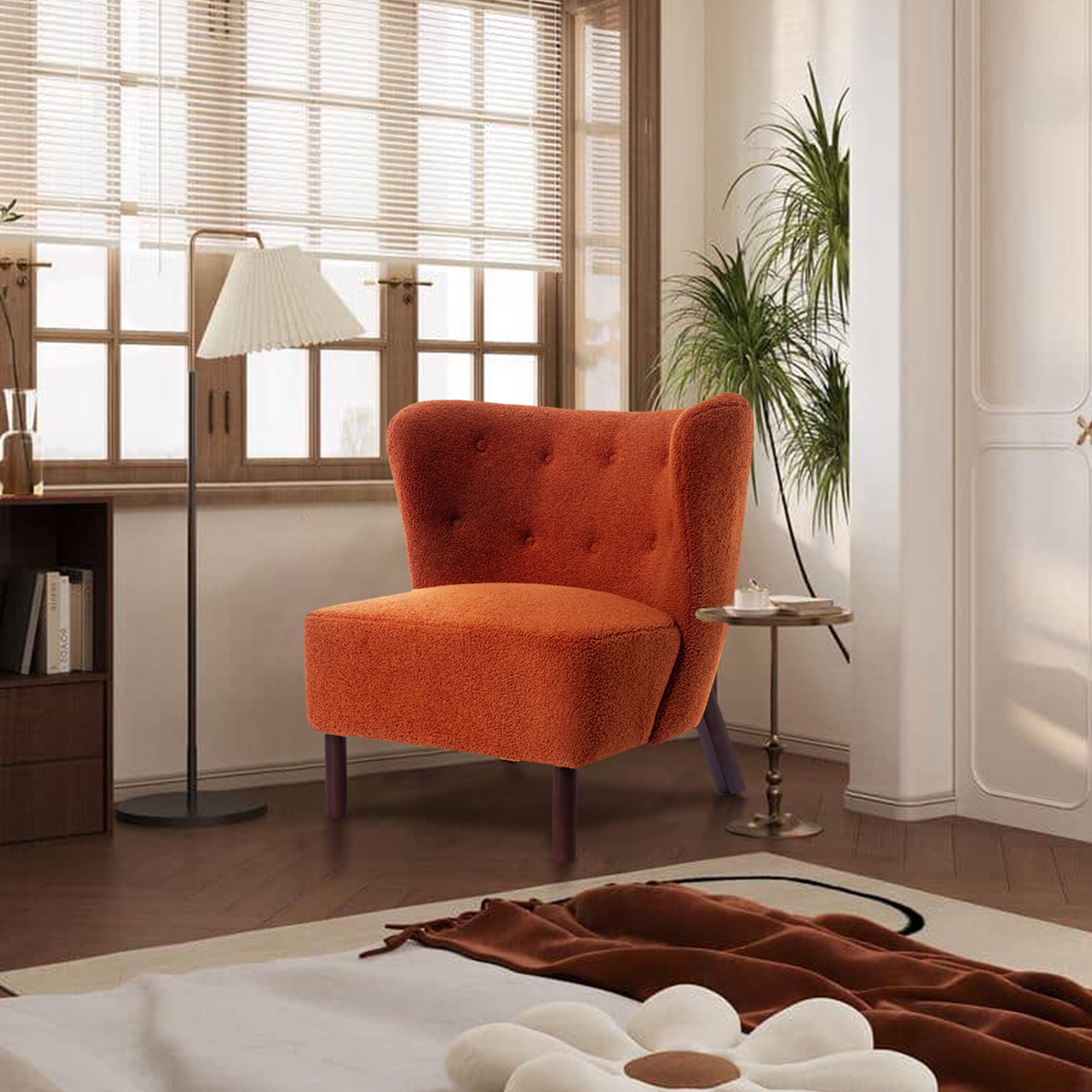 Miniyam Sherpa Boucle Accent Chair with Wooden Legs,Round Upholstered Armless Chair for Small Spaces,Reading Chair,Orange