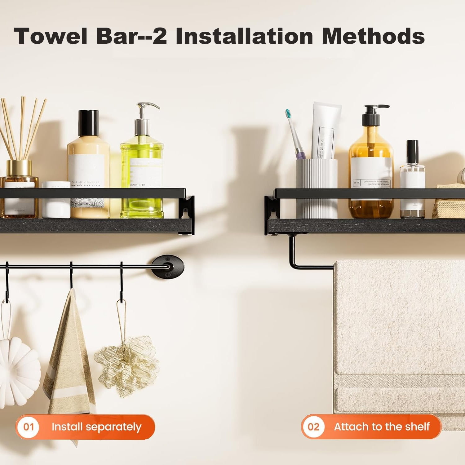 16" Black Wall-Mounted Floating Shelves W/Rack & Towel Bar, Home Decor 2-Tier Wood Storage Shelf for Livingroom Kitchen Bedroom, Bathroom Shelves Over The Toilet