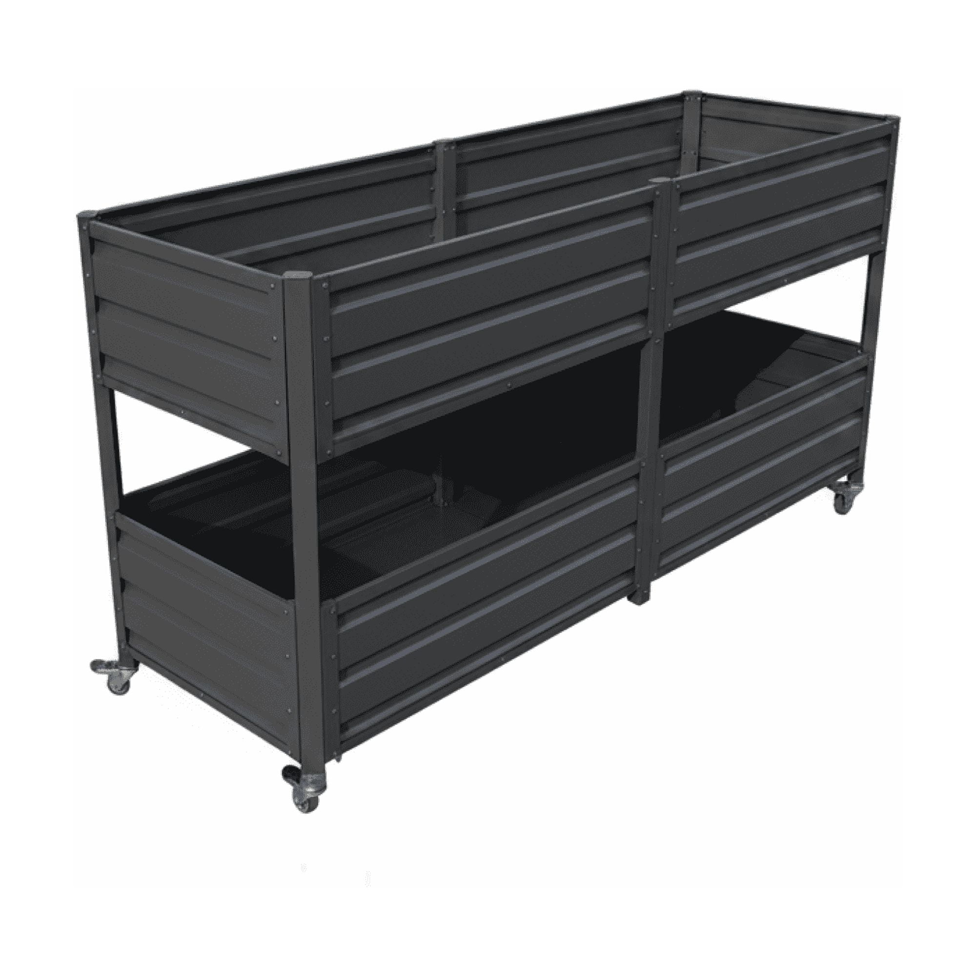 Leumius Dual Tier Elevated Metal Raised Garden Bed with Lockable Wheels, Staggered 2-Layer Raised Planter Box, Outdoor Patio Backyard Green Planting Bed for Vegetables Herbs Flowers,Grey