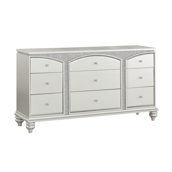 JERFIT 9-Drawer Silver Dresser with Platinum Finish, Arched Top and Crystal Knobs, Modern Bedroom Storage Chest