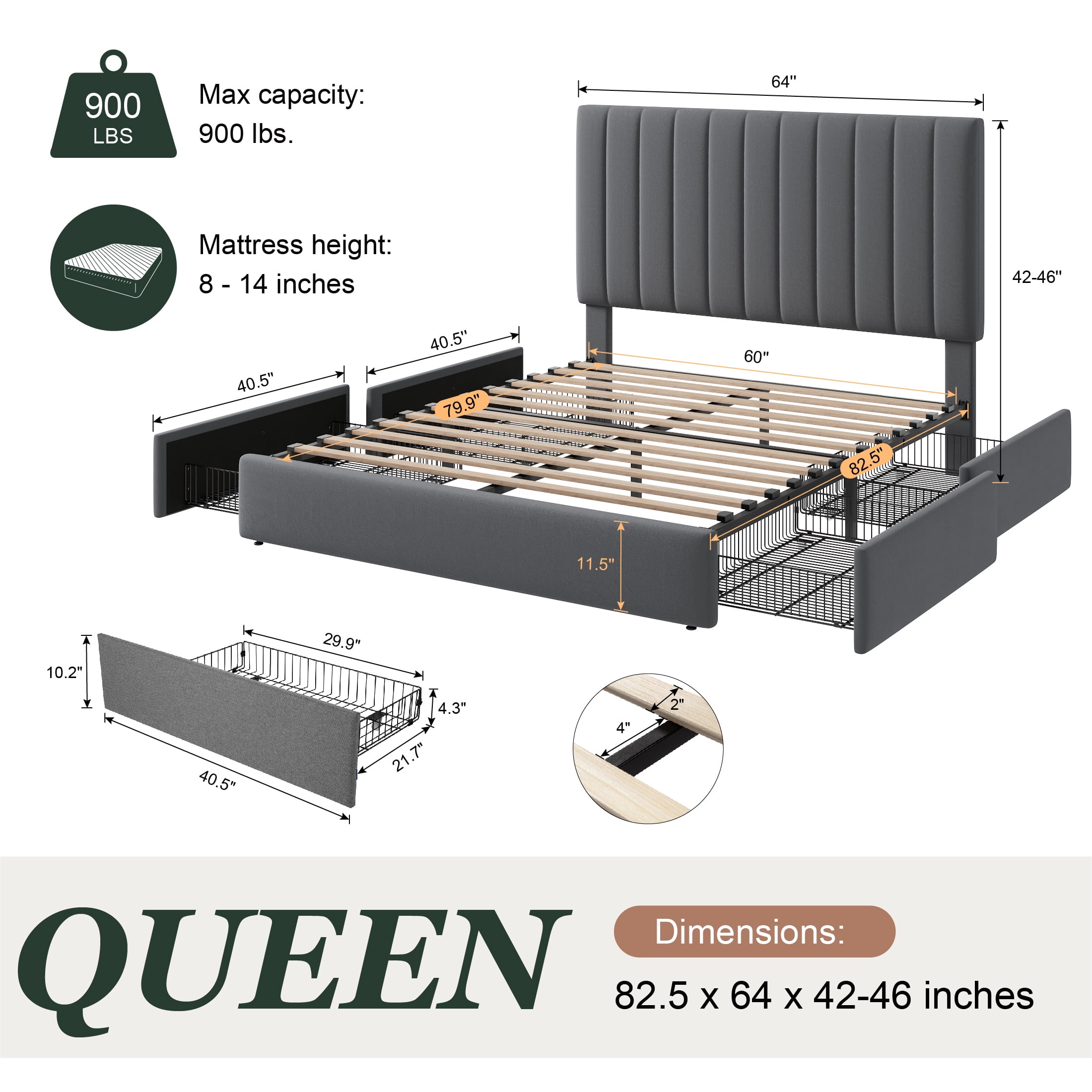 Amolife Queen Bed Frame, Platform Bed with Adjustable Velvet-Wrapped Headboard and 4 Storage Drawers, No Box Spring Required, Gray