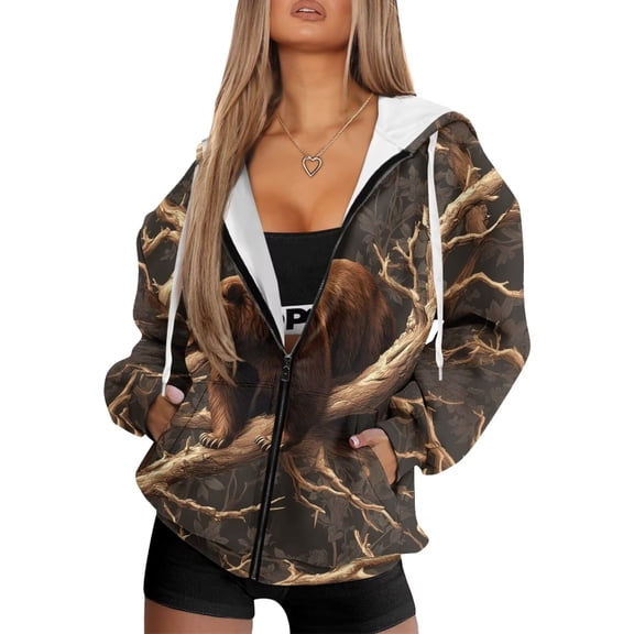Uorisanigo Hunting Camo Bear Forest Womens Zip Up Hoodies Size XS Slight Stretch Pocket Long Sleeve Zip Hoodies Drop Shoulder Oversized Winter Fall Outfits Fashion Clothes