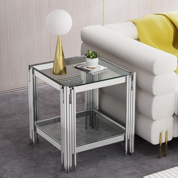 SSLine Glass End Table with Silver Stainless Steel Frame Legs Luxury Square 2-Tier Bedside Table for Bedroom Modern Sofa Side End Table with Storage Shelves for Living Room(Clear,Silver)