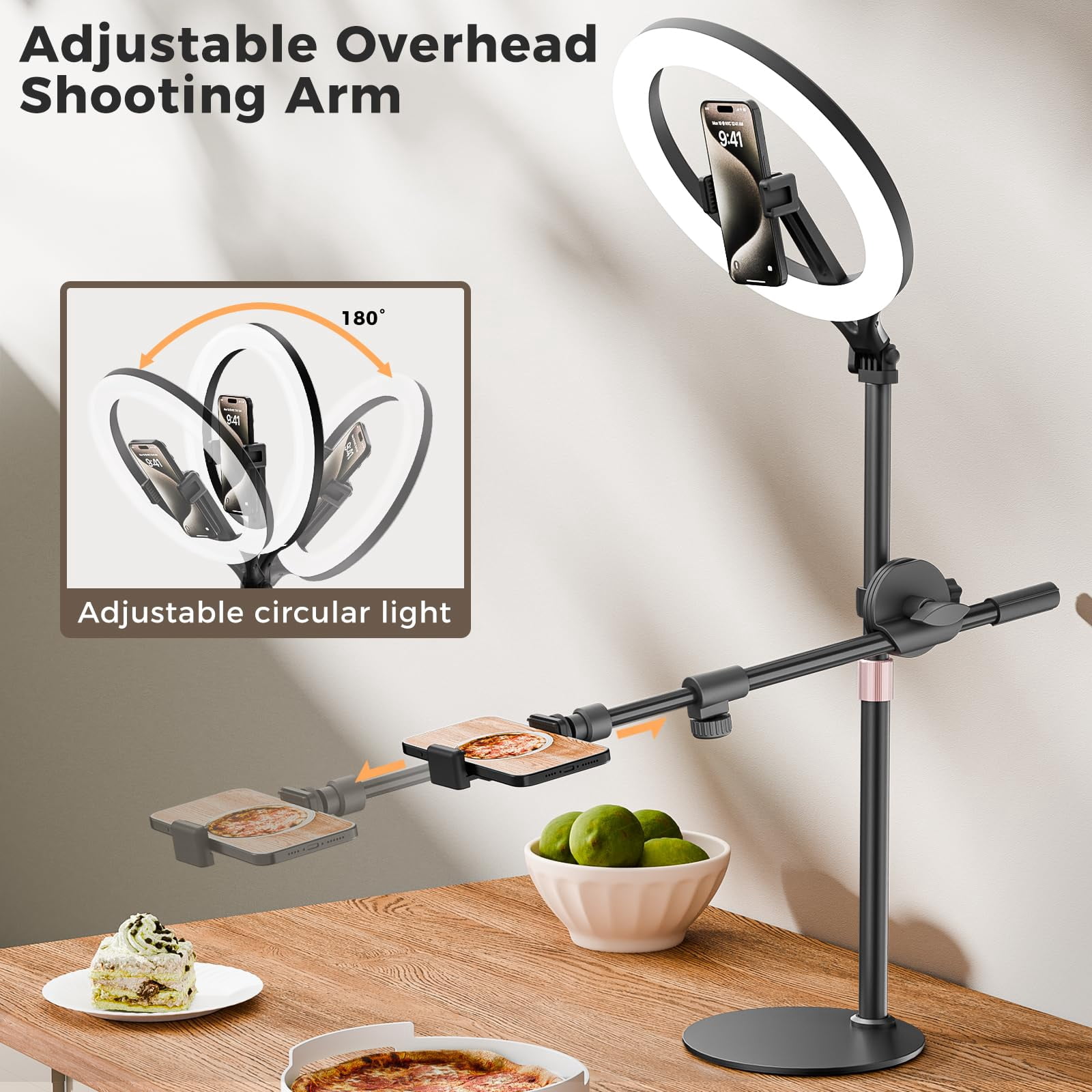 11" Desk Ring Light Wireless With Stand & Phone Holder Overhead Mount For Video Recording Tripod Cooking Videos Webcam Lamp/tiktok/youtube Compatible Camera