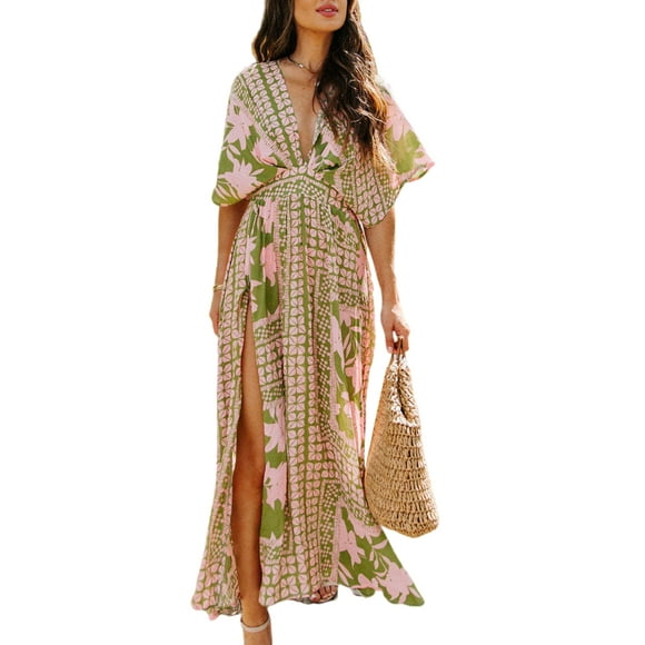MAWCLOS Women Summer Beach Sundress Floral Print Long Dress V Neck Maxi Dresses Casual Travel Short Sleeve Green XL