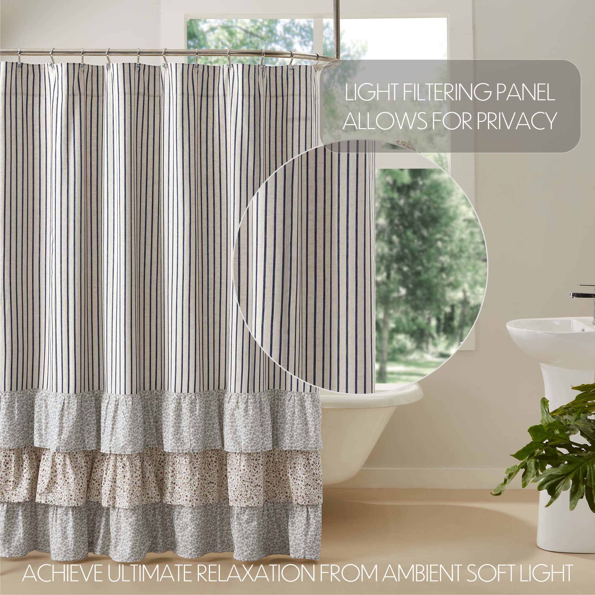 VHC Brands Kaila Country Cottage Farmhouse Blue Ticking Stripe Ruffled Shower Curtain 72x72