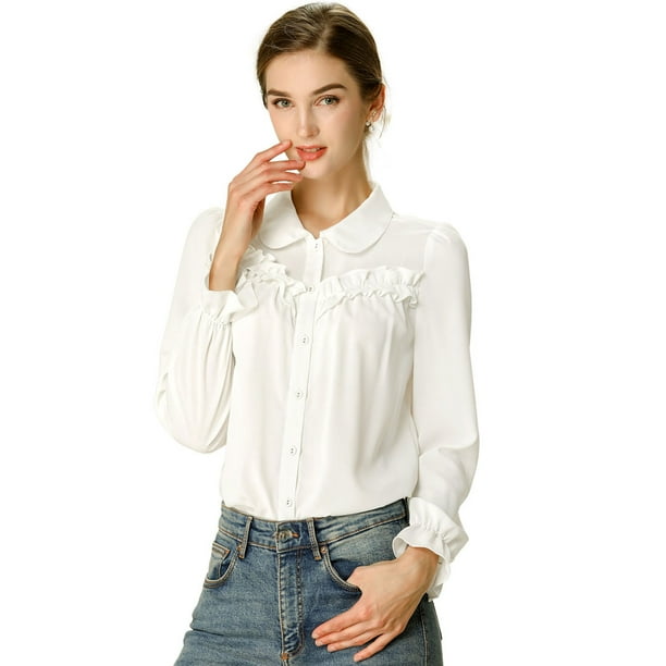 INSPIRE CHIC Blusa Camisa Tops Con Botones Manga Larga Pu?o Elástico Detalle De Volantes Para Mujeres Blanco M