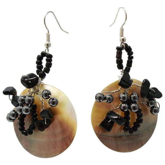 AeraVida Crowned Disc Genuine Black Lip Shell Dangle Earrings