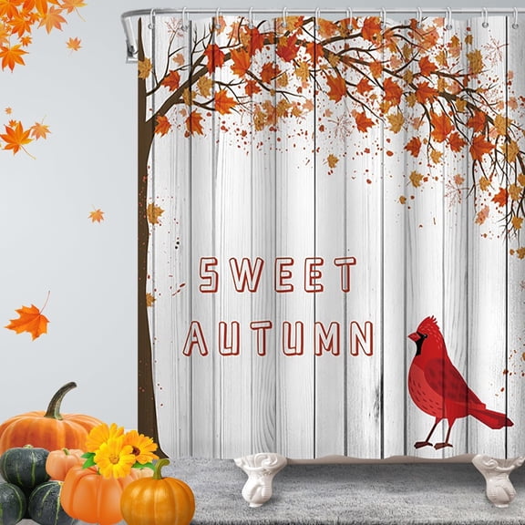 Autumn Shower Curtain for Bathroom Fall Tree Maple Leaves and Red Cardinal Bird Sweet Autumn Shower Curtain Set with Hooks Water Repellent Polyester Fabric 72H x 72W inches