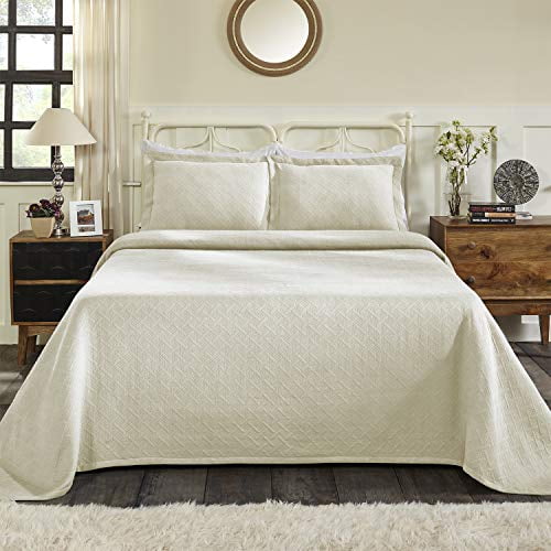 SUPERIOR Jacquard Matelasse 100% Cotton Basketweave 3-Piece Bedspread Set - King, Ivory