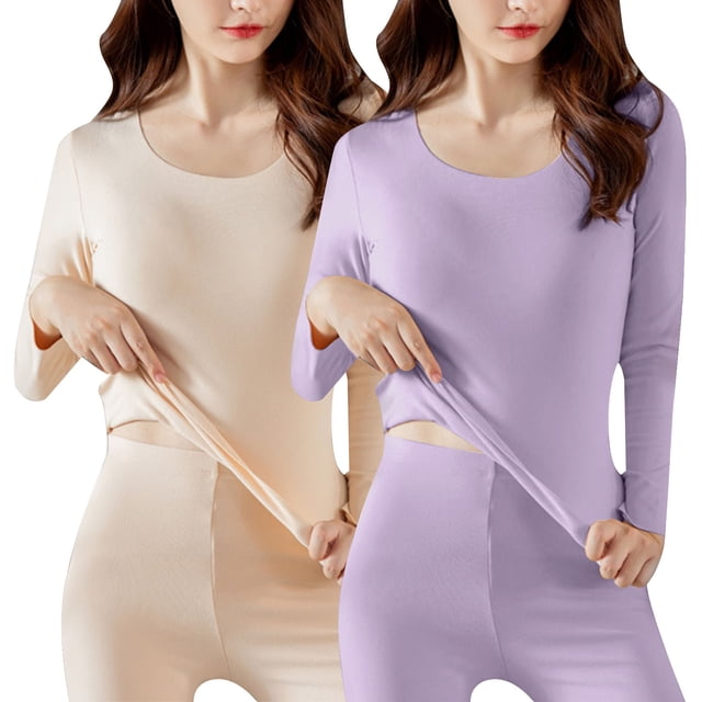 Timegard 2 Pcs Hauts pour Femmes Décontractés Ajustés Thermiques Confortables Col Rond Manches Longues sous-Vêtement