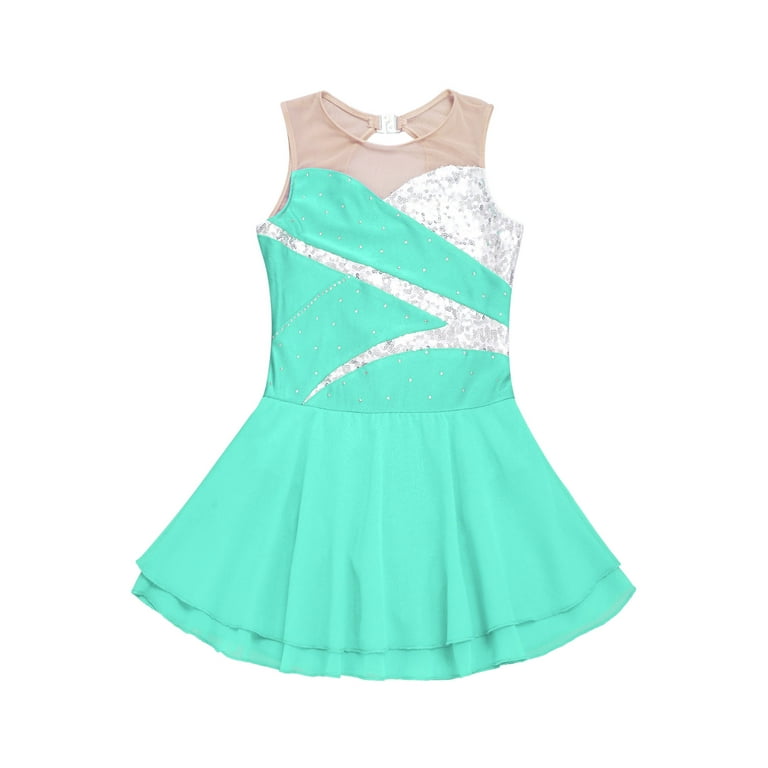 YUUMIN Kids Girls Mesh Splice Figure Ice Skating Dress Sleeveless Gymnastic  Leotard Skirt Sequins Camisole Light Green 10 - Walmart.com