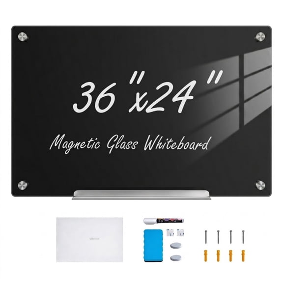 36" x 24" Magnetic Black Glass Whiteboard, Wall-Mounted Frameless Dry Erase Board with Marker Tray & Accessories
