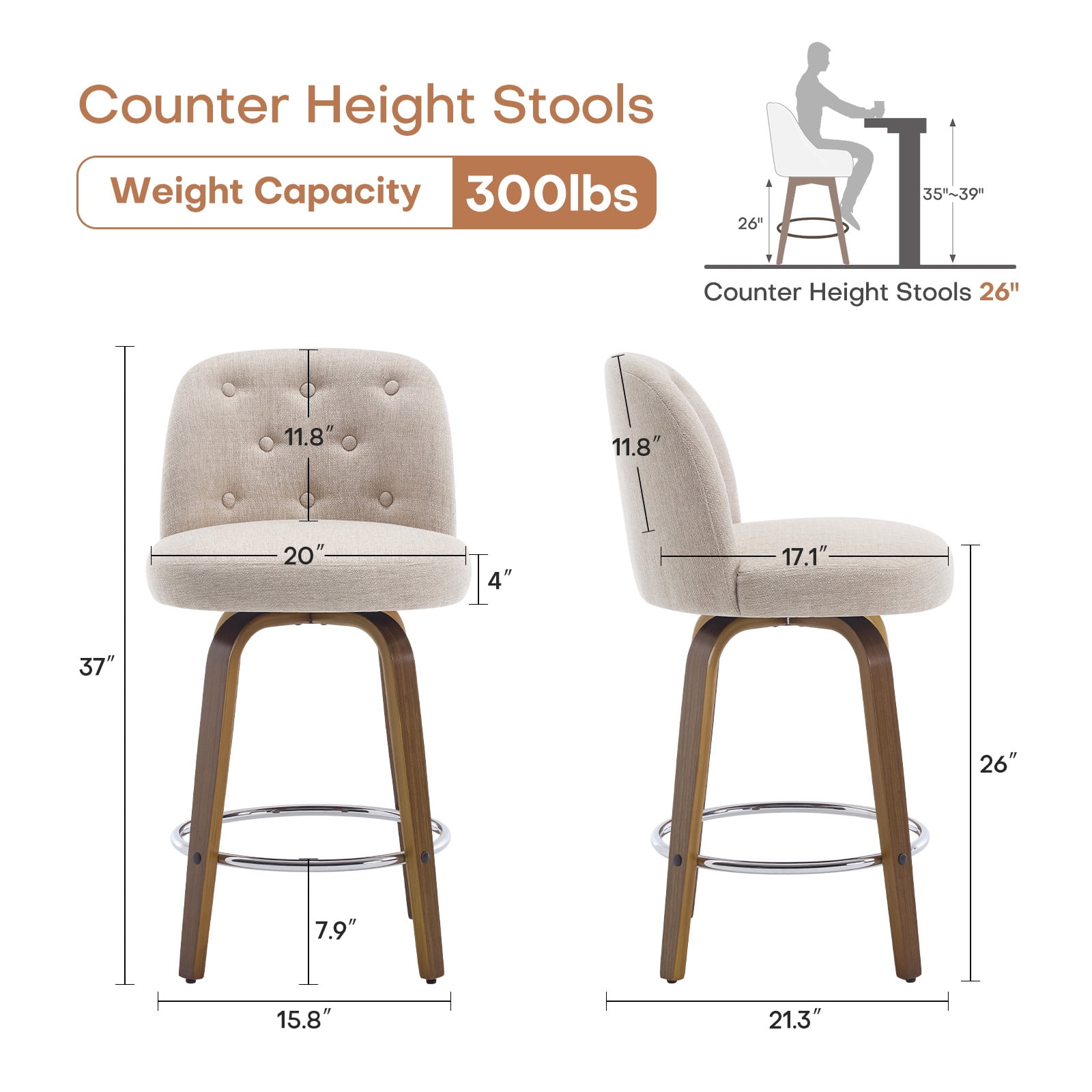 Foreate Swivel Bar Stools Set of 1, 26" Upholstered Linen Fabric with Button-tufted Mid-Back & Wood Legs, Modern Chair Kitchen Pub Island Counter Stool