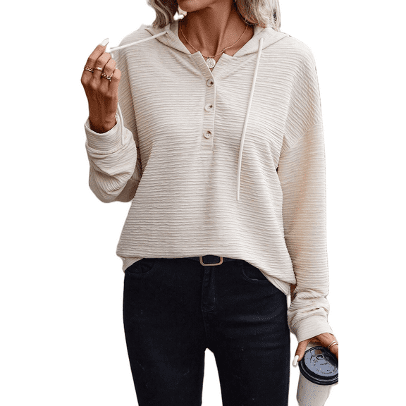 Women's Apricot Solid Textured Drawstring Henley Hoodie