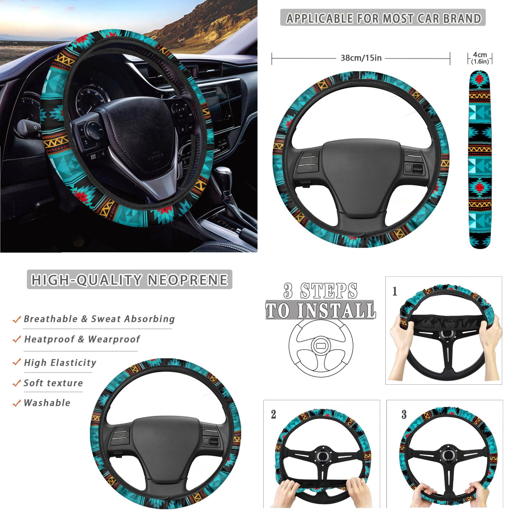 Yuyamidu Aztec Ethnic Gemoetric Car Seat Cover Set of 14 Blue Car Seat Protector with Steering Wheel Cover Seatbelt Pads Armrest Cushion Trash Can Rearview Mirror Cover Handbrake Cover Set Coasters