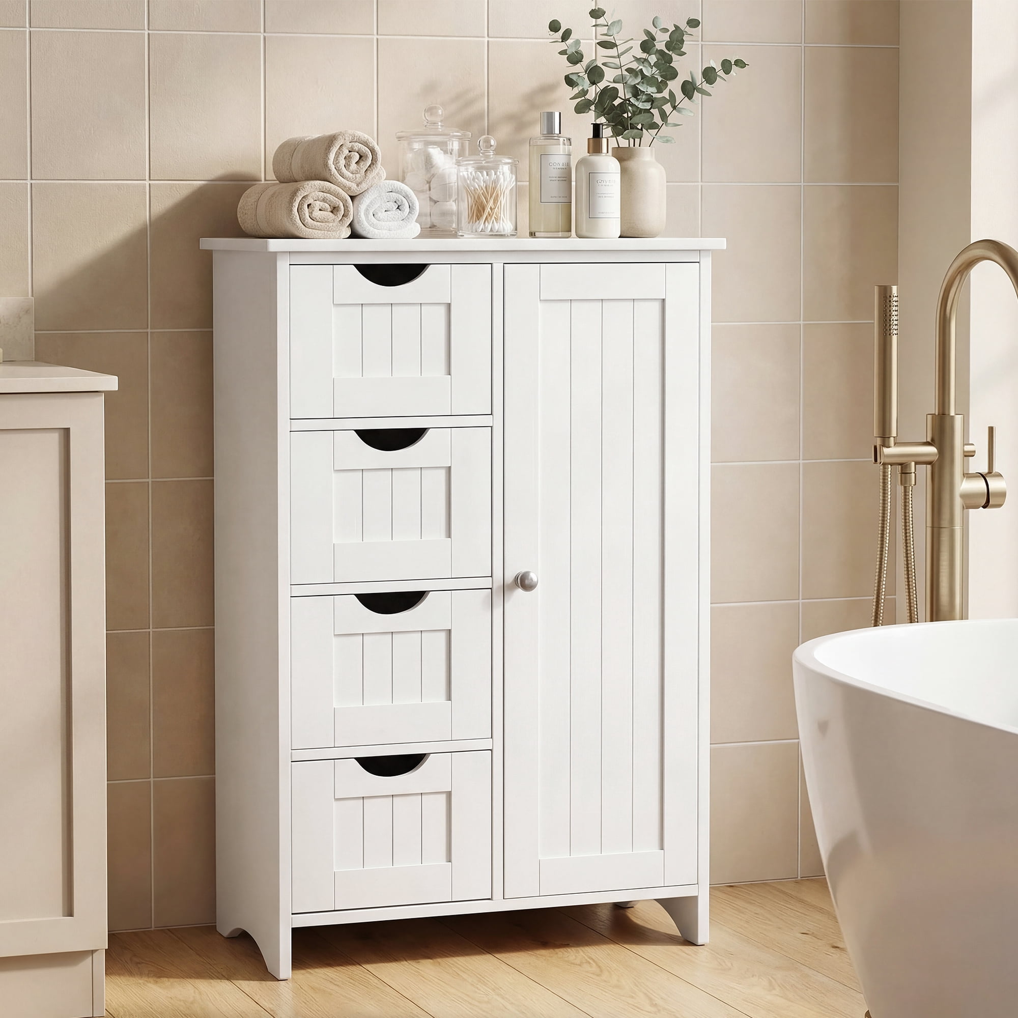 Furmax Wooden Bathroom Floor Cabinet with 4 Drawers, 1 Adjustable Shelf & 1 Cupboard，Side Storage Organizer Storage Cabinet for Bathroom, Entryway, White