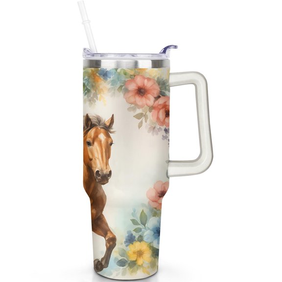1pc Horse lovers 40oz Tumbler with Straw & Handle - Insulated Stainless Steel Cup | Holiday Gift for Man Women (Christmas, Valentine's, Birthday)