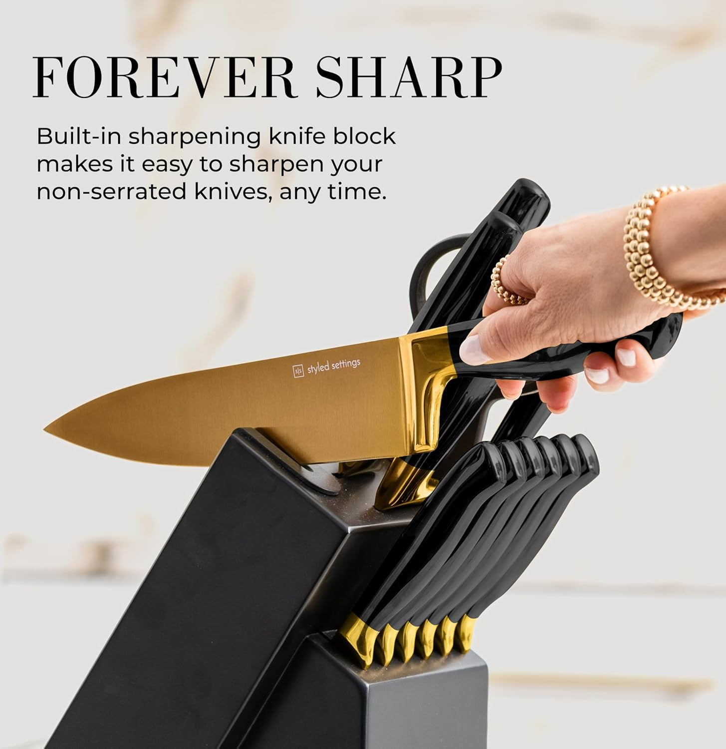 Black and Gold Knife Set with Sharpener- 14 PC Gold Knife Set with Block and Sharpener Includes Full Tang Black and Gold Knives & Self Sharpening Knife Block Set - Black and Gold Kitchen Accessories