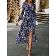 thumbnail image 3 of Franhais Women's Autumn Long Floral Dress Long Sleeve Deep V Neck Ruffle Trim A-line Party Dress, 3 of 7