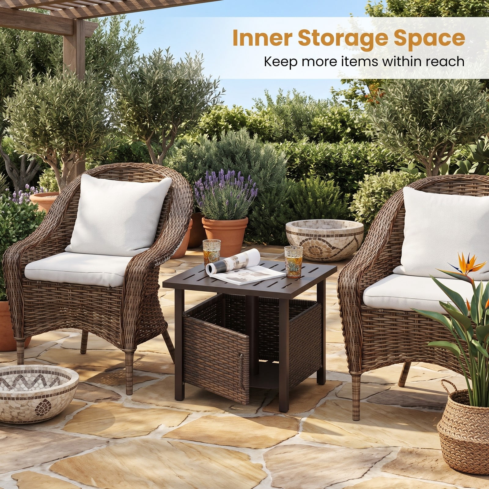 Furnibear Outdoor PE Wicker Patio Umbrella Side Table with 1.93 Inch Umbrella Hole for the Backyard and Poolside, Mix Brown
