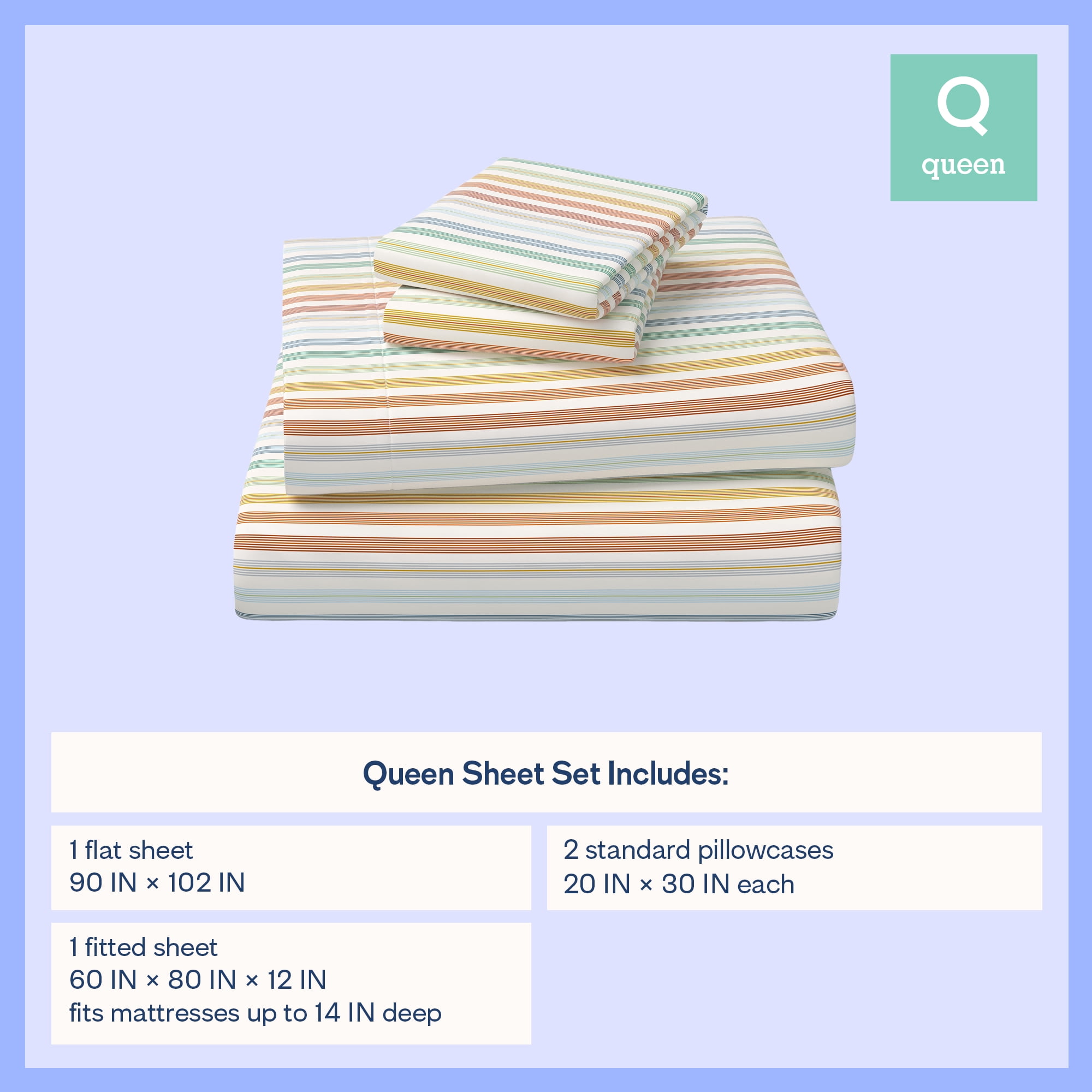 Mainstays Kids Microfiber Bed Sheet Set, Queen, Vintage Stripe, 4 Pieces