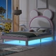 thumbnail image 2 of Full Size Upholstered Platform Bed with Cartoon Ears Shaped Headboard and LED, White&Pink, 2 of 9