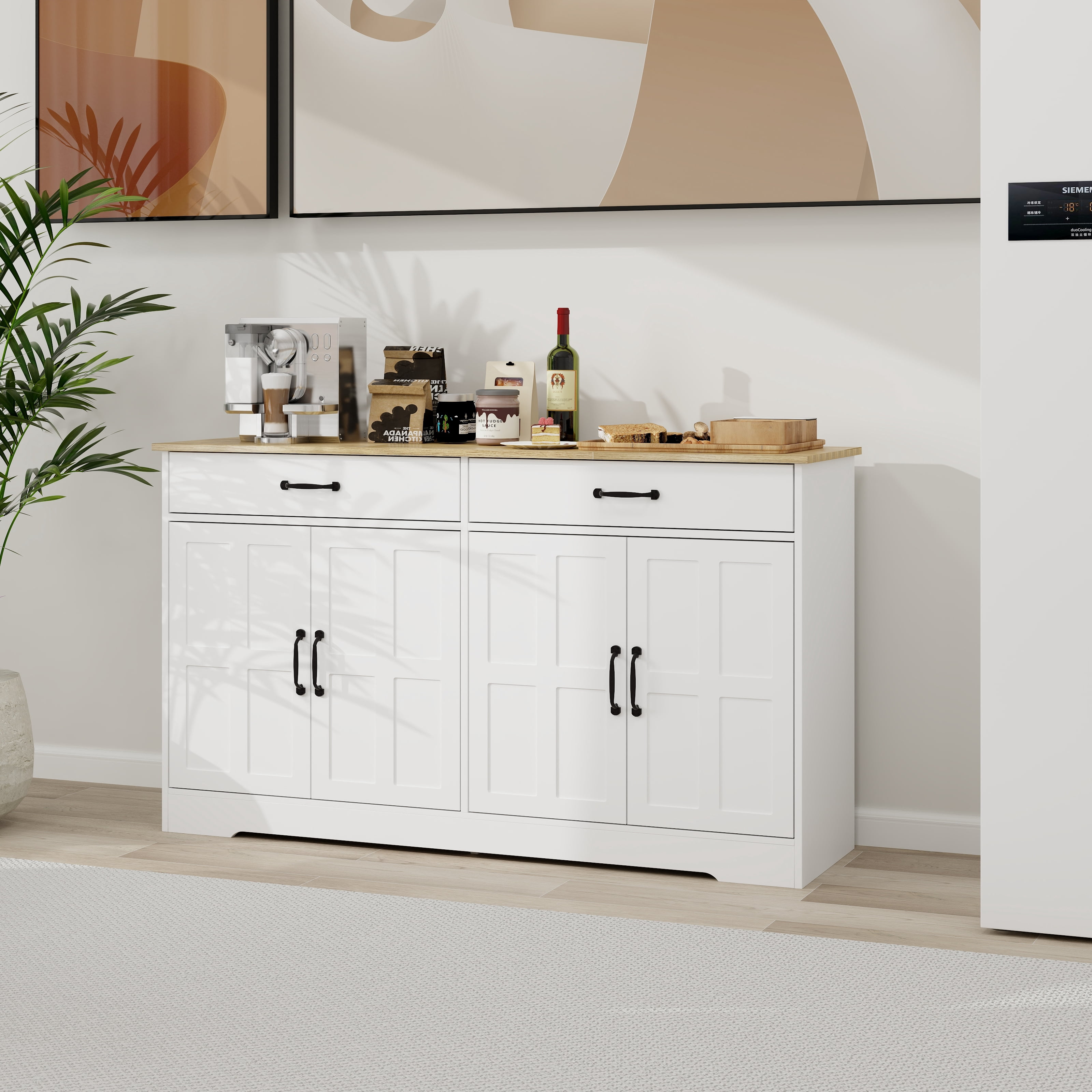 Prilinex 56" Buffet Cabinet with Storage, Large Kitchen Storage Sideboard with 2 Drawers & 4 Doors, Modern Wood Farmhouse Coffee Bar Cabinet, Buffet Table for Kitchen, Dining Room, Living Room, White