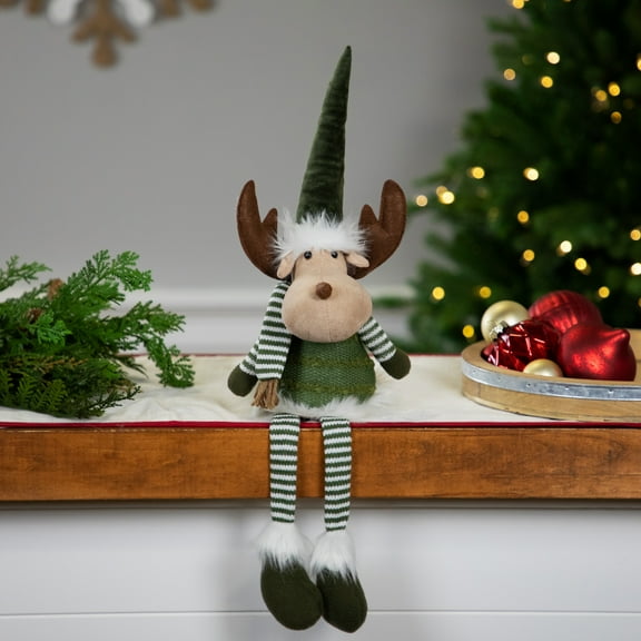 Northlight Dangling Striped Legs Sitting Moose Christmas Figure - 20" - Green and White