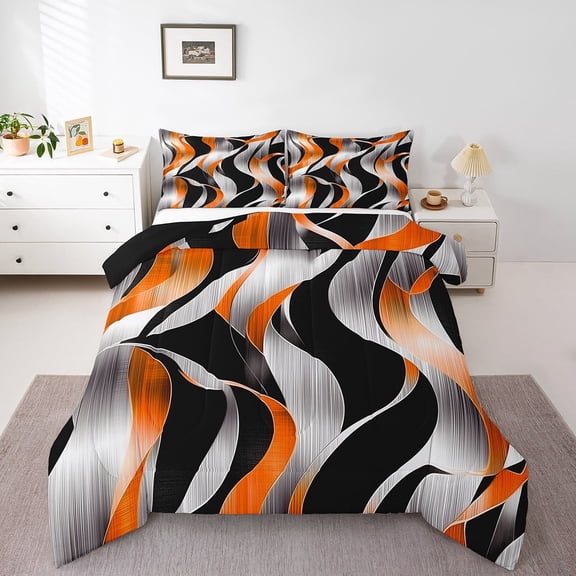 Erosebridal Geometric Stripes Bedding Twin Comforter Set,Black Orange Down Comforter,Spiral Swirl Bedding Sets Twin with Comforter,Microfiber Boys Bedroom Decor,Reversible,3pcs