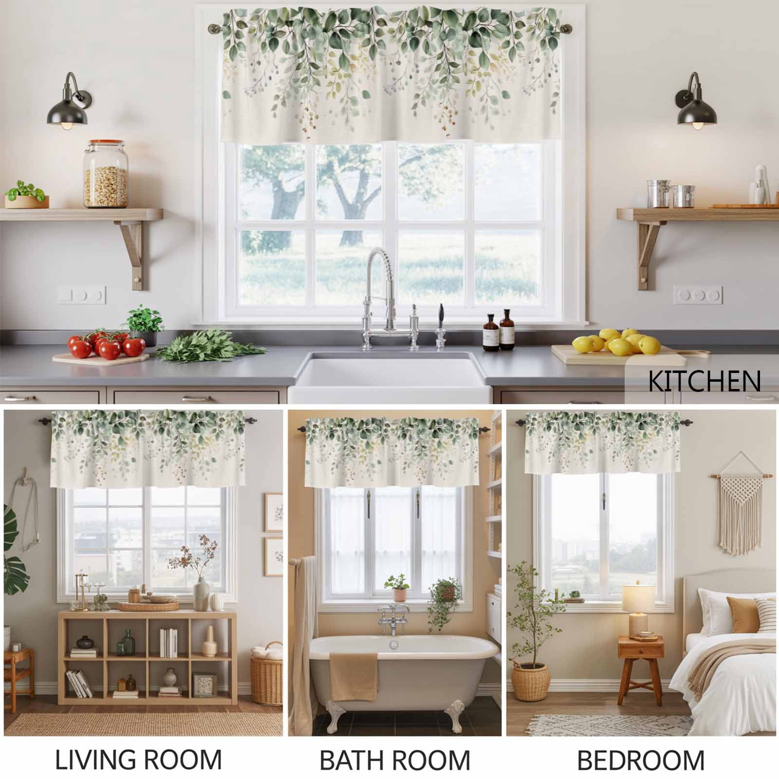 2 Pack Eucalyptus Leaf Valance for Window Country Plant Linen Texture Kitchen Valance Rod Pocket Short Curtain Topper Decorative Window Treatment for Living Room Bedroom 42"x18"