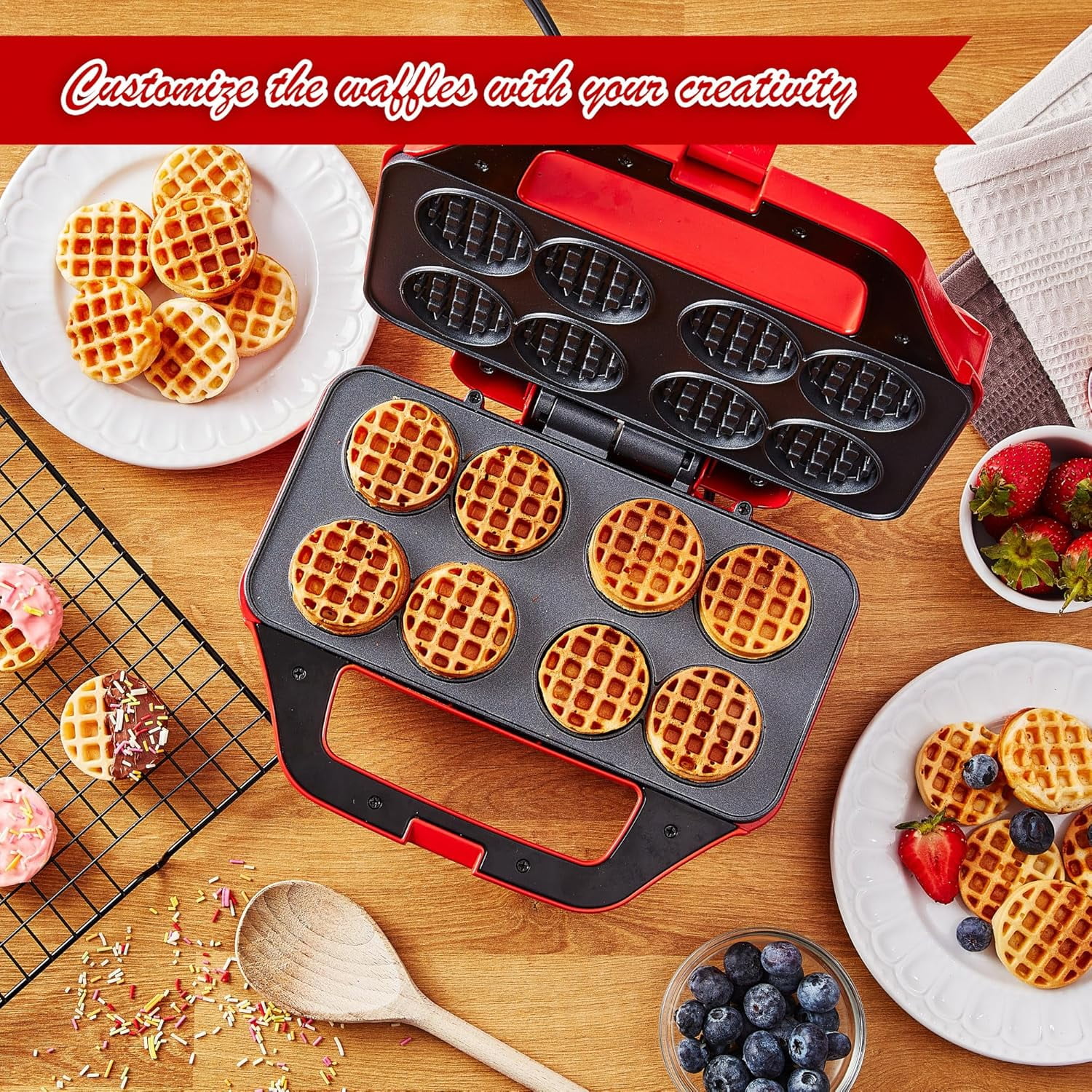 Waffle Maker for Kids, Small Non-Stick Electric Iron Makes 8  Waffles with Recipe Book